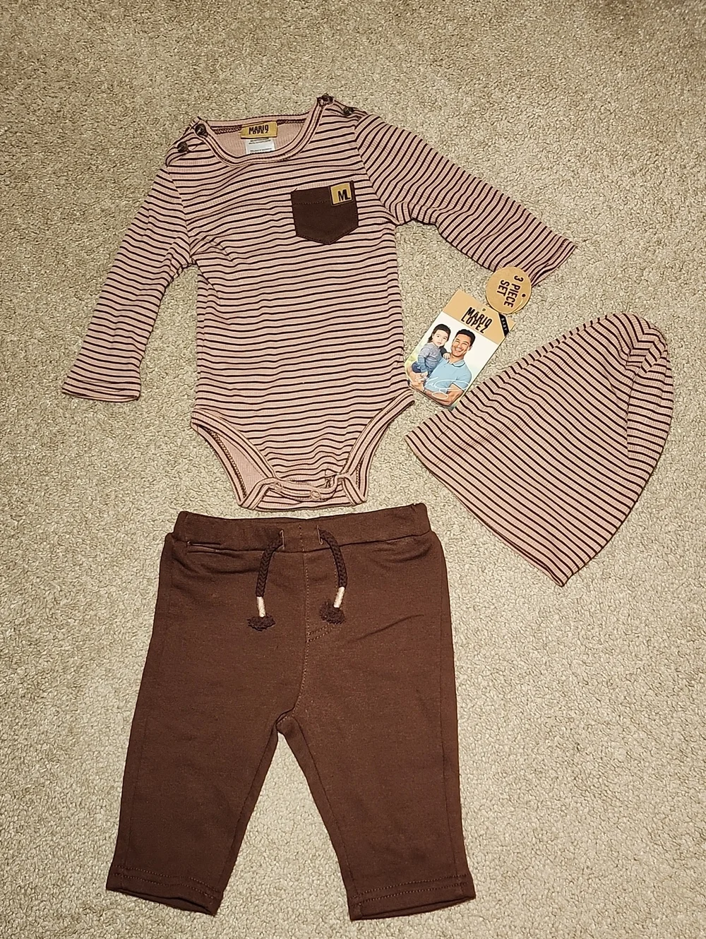 Mario Lopez Kids Baby Boy 3-Piece Set Striped Bodysuit Pants Hat 3/6 M NWT